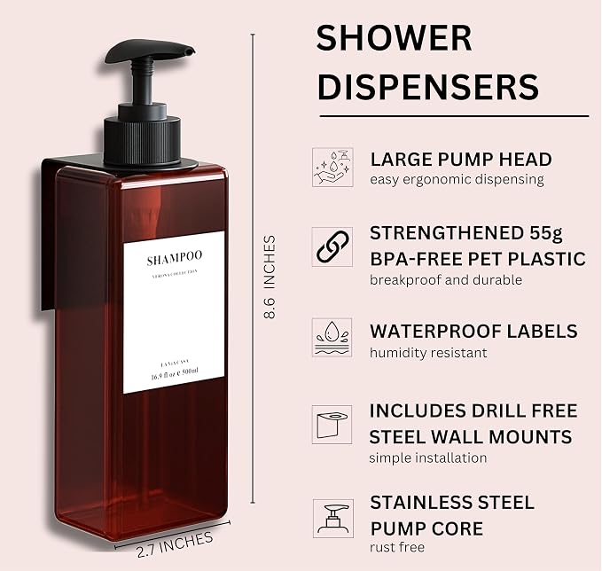 Shampoo and Conditioner Dispenser | 3 Plastic Amber 3 Wall Mount Black | - Image 2