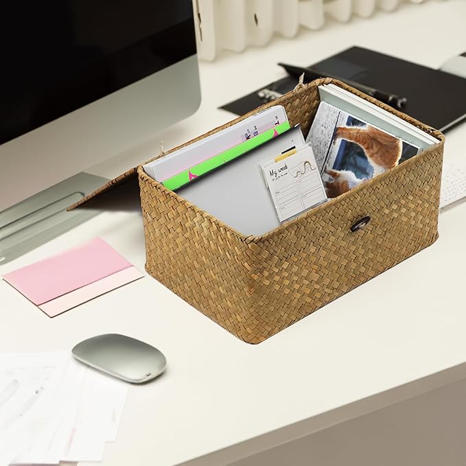 Wicker Storage Basket with Lid, Natural Seagrass Woven Shelf Basket - Image 5