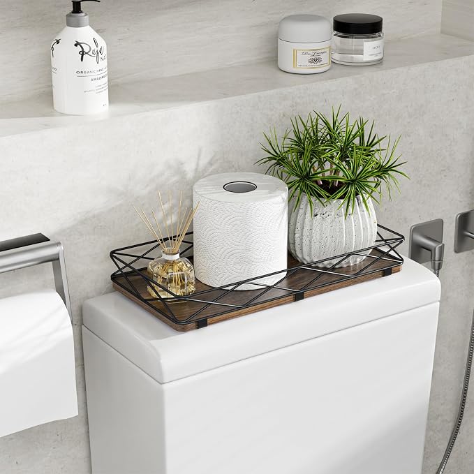 Toilet Paper Basket Holder, Wood and Metal Toilet Tray Vanity Organizer - Image 3