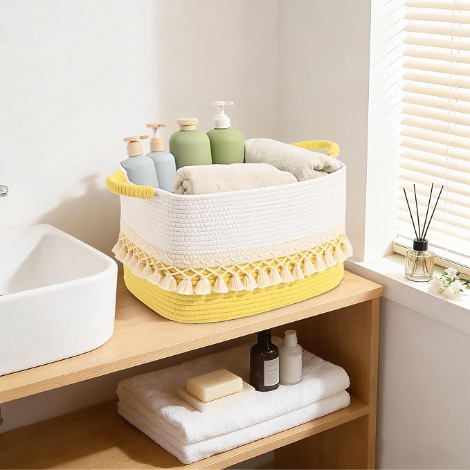 2 Pack Storage Basket for Shelves, Boho Cotton Rope Storage Bins - Image 8