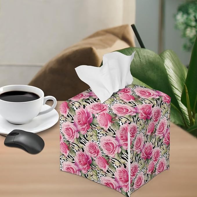 Rose Leopard Decorative Tissue Box Cover, Waterproof PU Leather Square Holder - Image 4