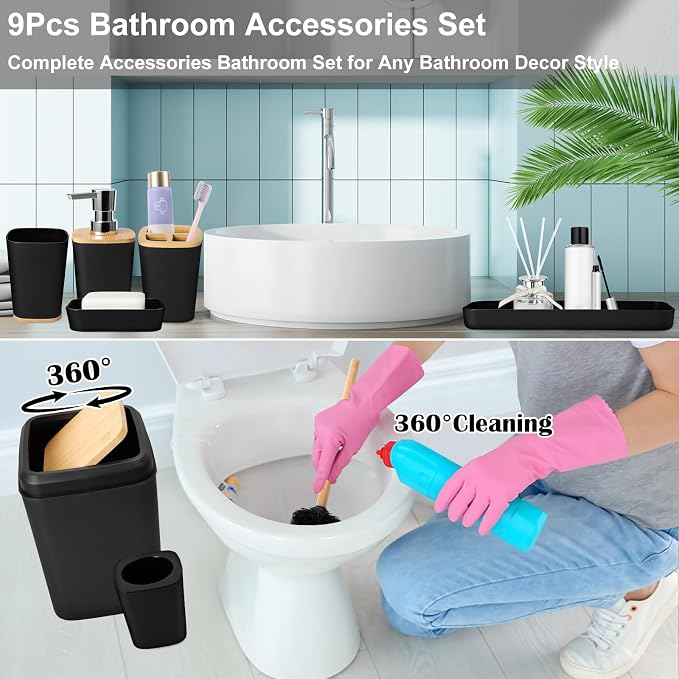 Bathroom Set Black Bathroom Trash Can, 9 Piece Bathroom Decor Toothbrush Holder - Image 4