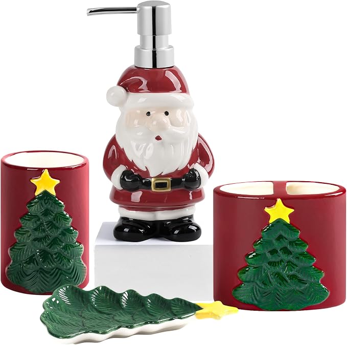 Merry Christmas Bathroom Accessories Set 4 Pieces Toothbrush Holder Soap by RQYIXI