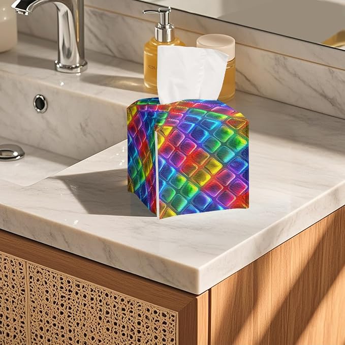 Rainbow Tissue Box Cover Neon Colorful Tiles Purple Blue Pink Square PU Leather - Image 5