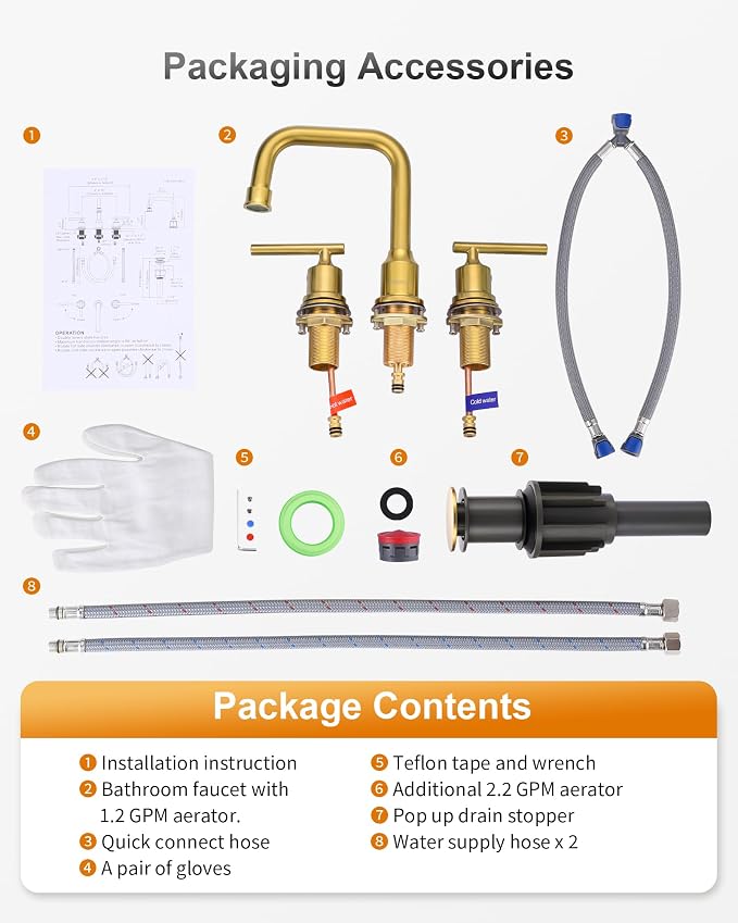 WOWOW Brushed Gold Bathroom Faucet Widespread Bathroom Sink Faucet 2 Handle - Image 8