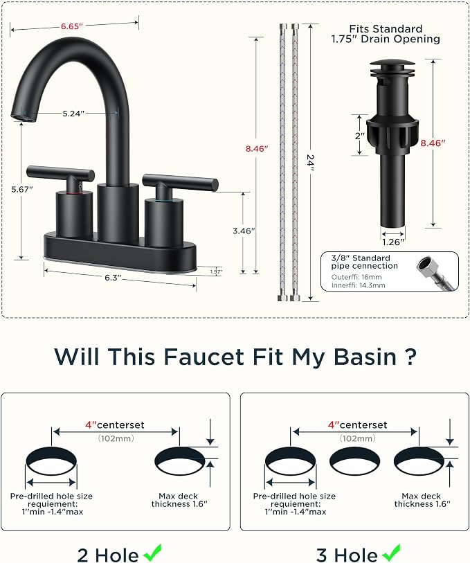 FORIOUS 4 Inch Centerset Bathroom Faucet Black 2 Hole, Two Handle Matte Black - Image 8
