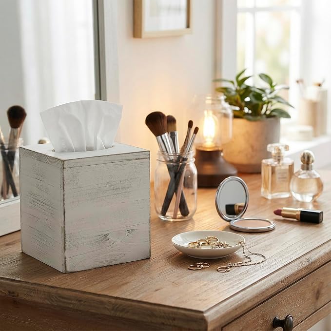 MyGift Vintage White Wood Tissue Box Cover Holder - Image 6