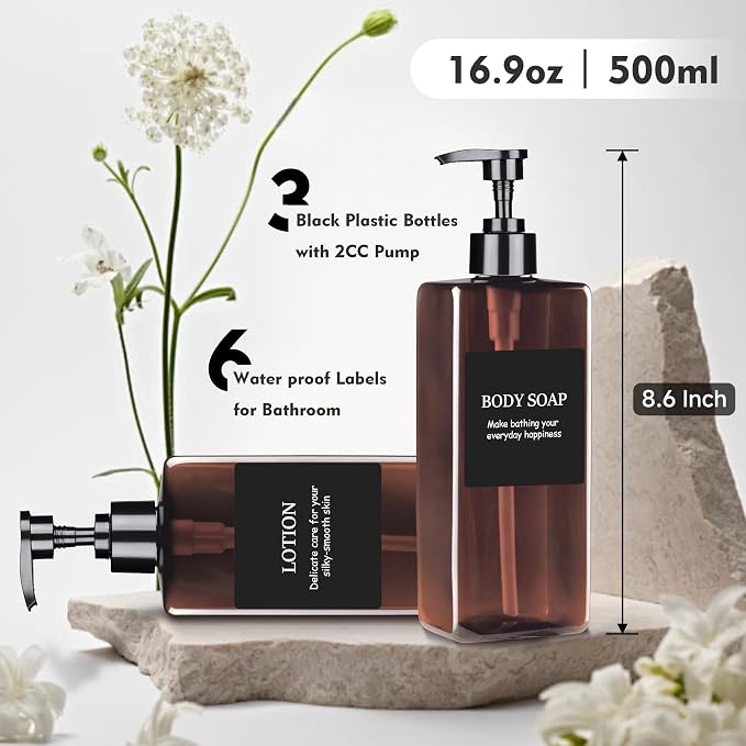 Amber Refillable Plastic Pump Bottle Set, 500ML - Image 2