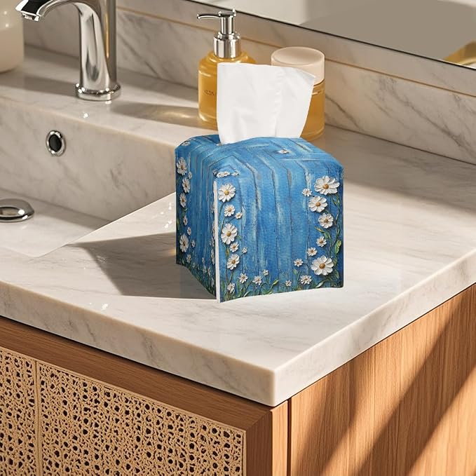 White Flowers Daisy Tissue Box Cover Rustic Floral Wooden Square PU Leather - Image 5