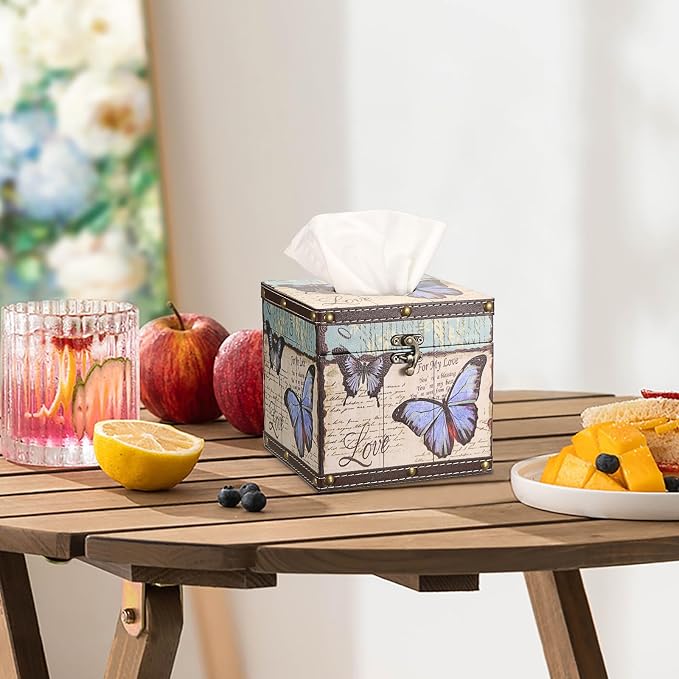 Sumnacon Tissue Box Retro Wood Square Tissue Box Cover Vintage Cube Tissue Box - Image 5
