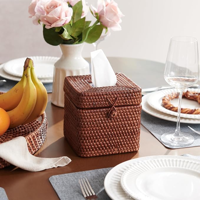 Rattan Square Tissue Box Cover, 5.7" x 5.7" x 5", Decorative Woven Facial - Image 2