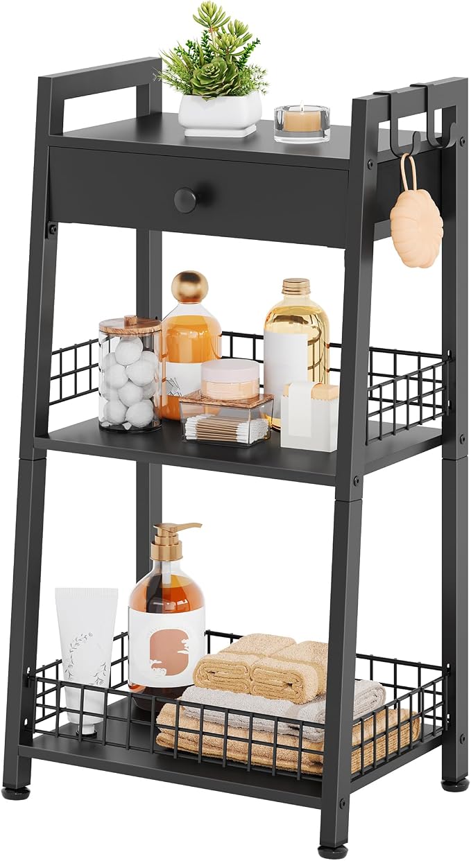 3-Tier Ladder Shelf with Drawer, Bathroom Table Stand by Gewudraw