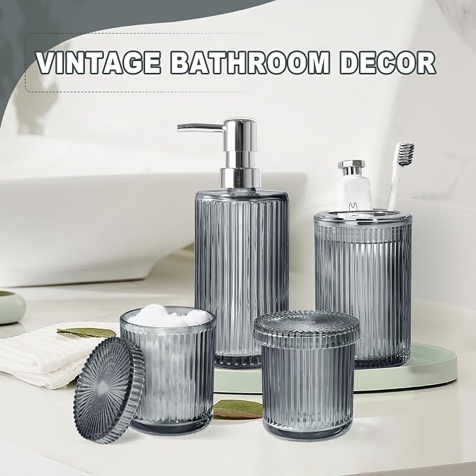 Gray Glass Bathroom Accessories 4 Pcs, Soap Dispenser and Toothbrush Holder Set - Image 6