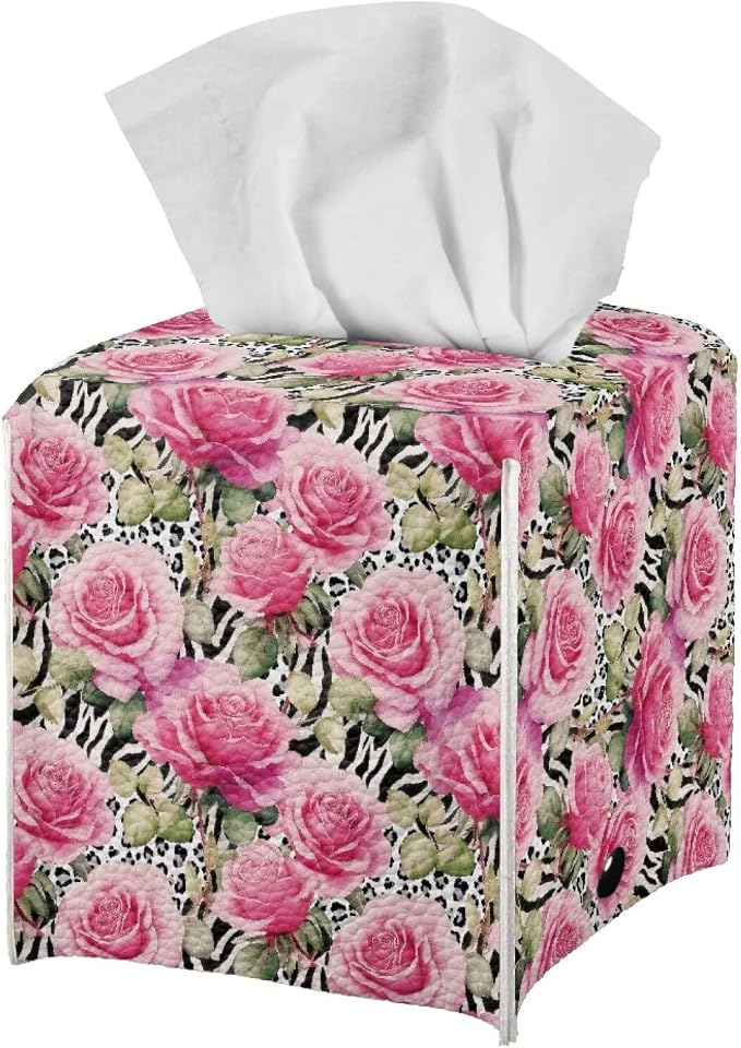 Rose Leopard Decorative Tissue Box Cover, Waterproof PU Leather Square Holder - Image 2