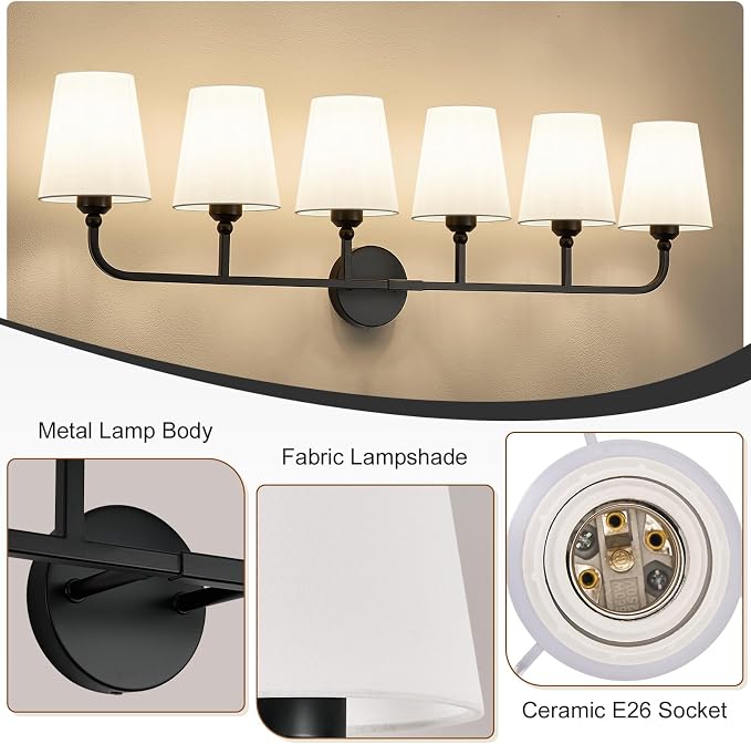 Bathroom Vanity Light, Matte Black Bathroom Light Fixtures, 6-Light Lighting - Image 7