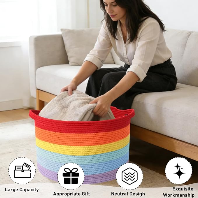 115L Large Blanket Basket, 23.6" L x 23.6" W x 15.7" H Rope Woven Baskets - Image 4