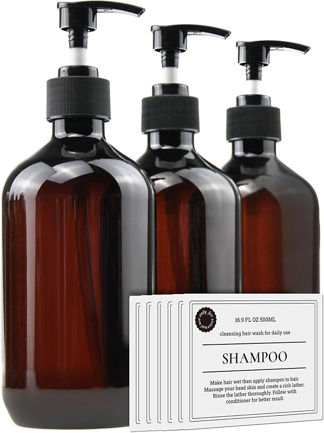 Empty Plastic Bottles with Pump Dispenser and Labels Included, Refillable by FOOCHY