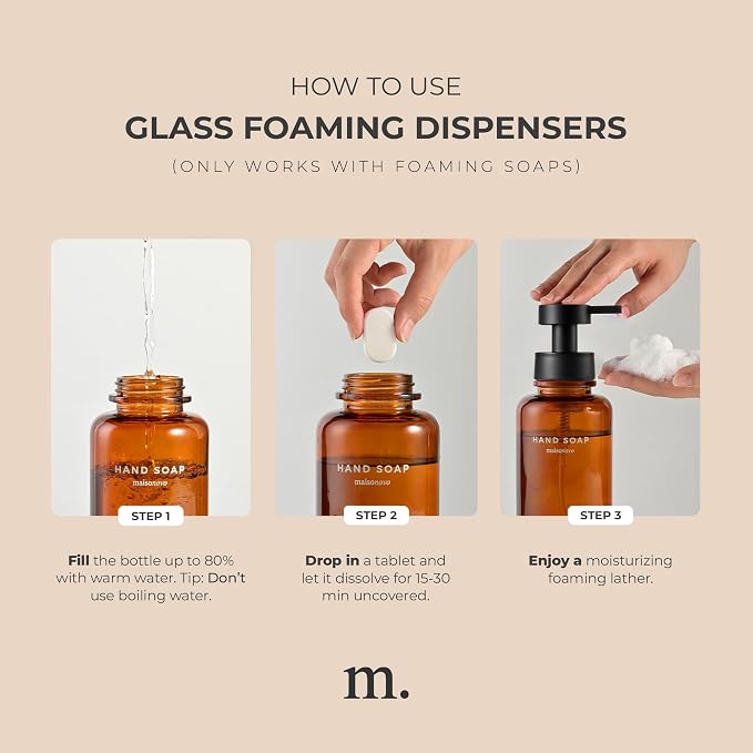 MaisoNovo Glass Foaming Soap Dispenser 14 Oz | Amber Glass Black Pumps x 2 - Image 7