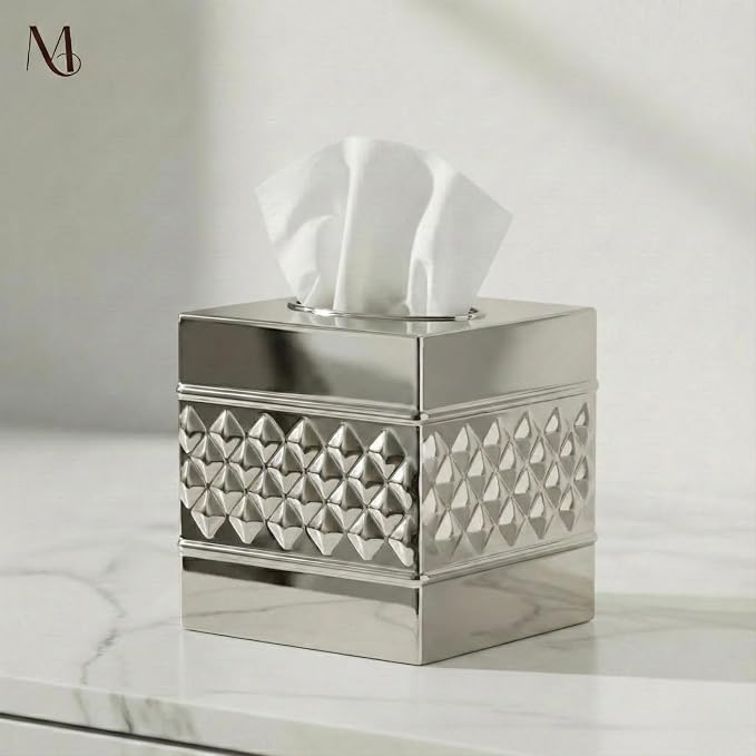 Monarch Abode Tissue Box Cover Square – Handcrafted Geo Embossed Nickel Chrome - Image 6