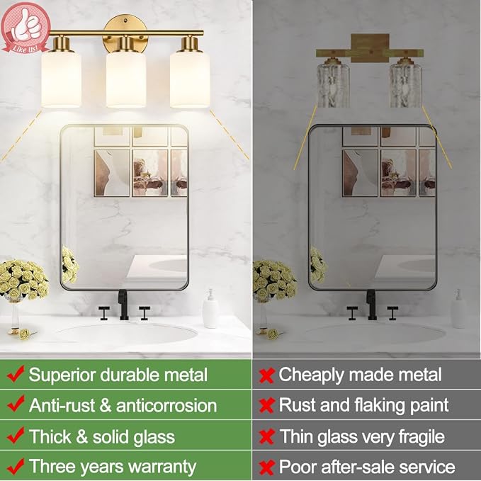 3-Light Bathroom Light Fixtures, Brushed Gold Vanity Light, Farmhouse Wall - Image 3
