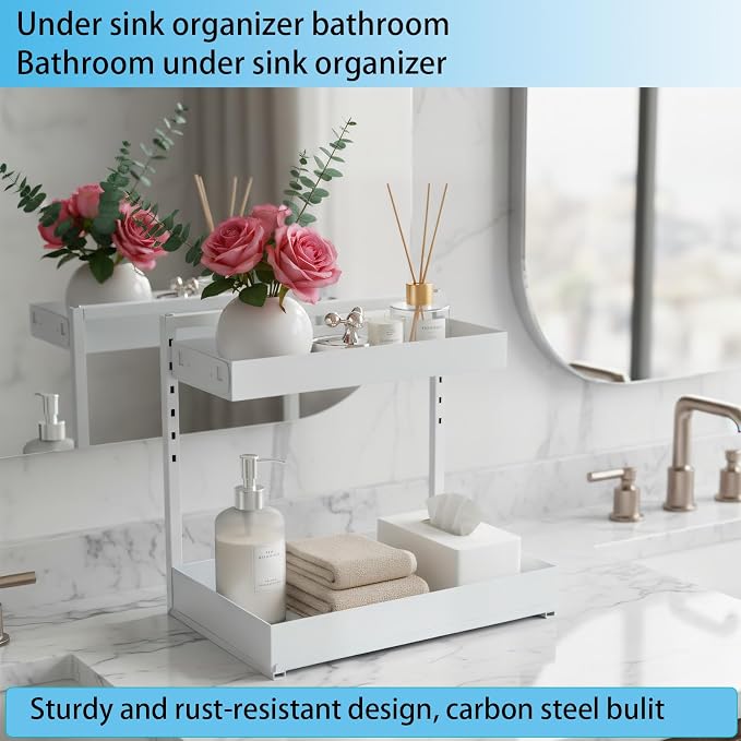 Under Sink Organizer, Bathroom Counter Organizer, 2 Pack 2 Tier L-Shape White - Image 3