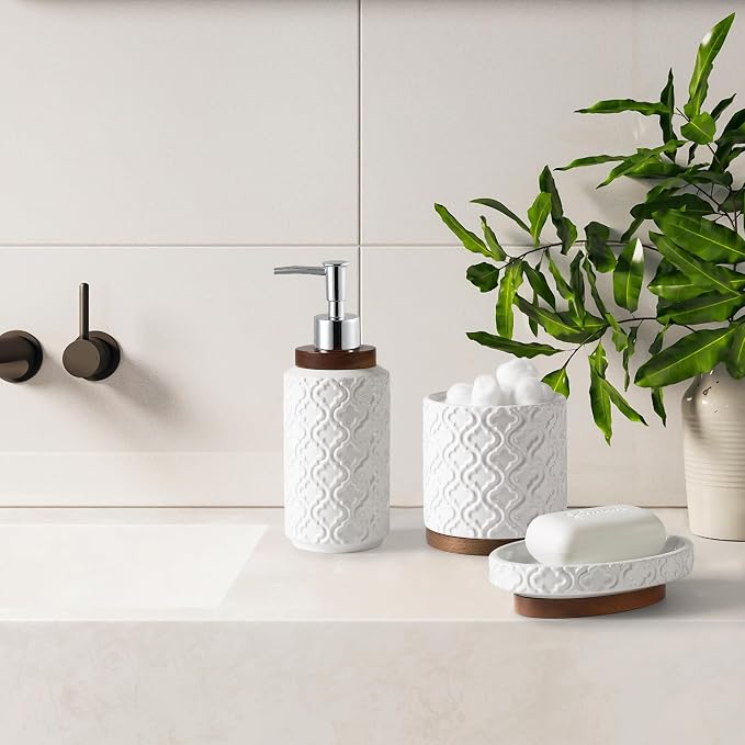 Elegant Bathroom Accessories Set 5 PCS Ceramic and Wood Bathroom Accessory Set - Image 6