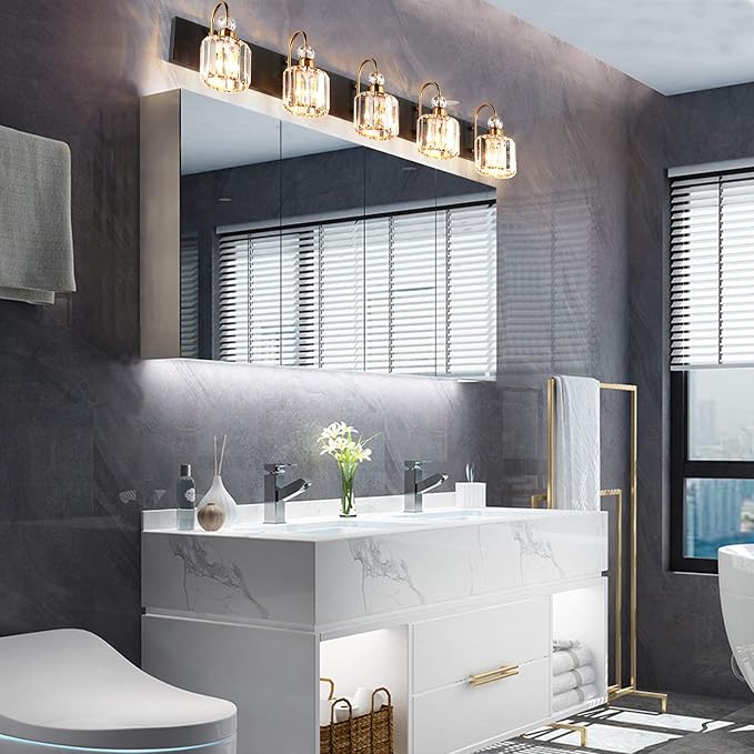 Ralbay Modern LED Bathroom Vanity Lights 5-Lights Crystal Vanity Lights Over - Image 5