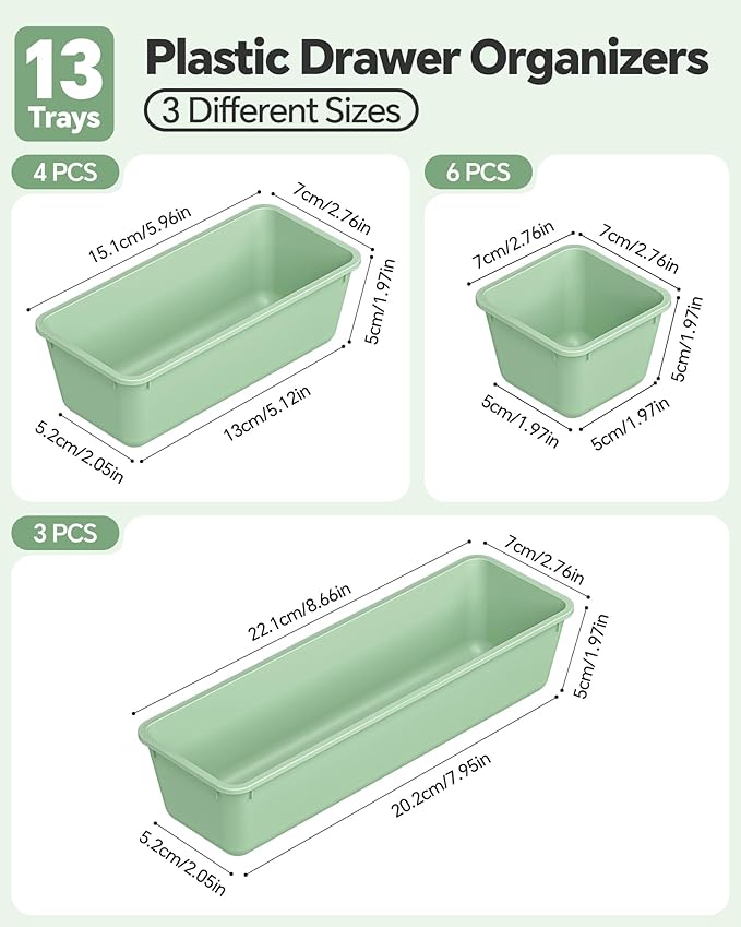 13 Pack Plastic Drawer Organizers Set, 3 Sizes Desk Drawer Organizer Trays - Image 2