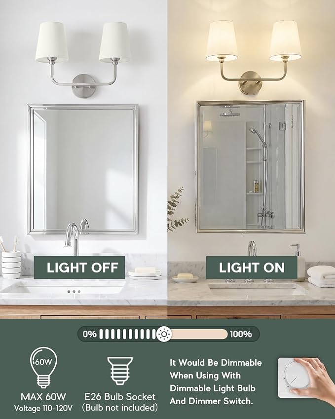 2-Light Bathroom Light Fixtures, Brushed Nickel Vanity Lights, Double Wall - Image 4