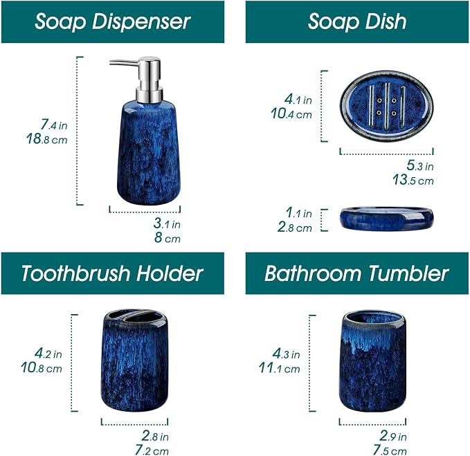 vancasso Blue Bathroom Accessories Set, Ceramic Soap Dispenser and Toothbrush - Image 2