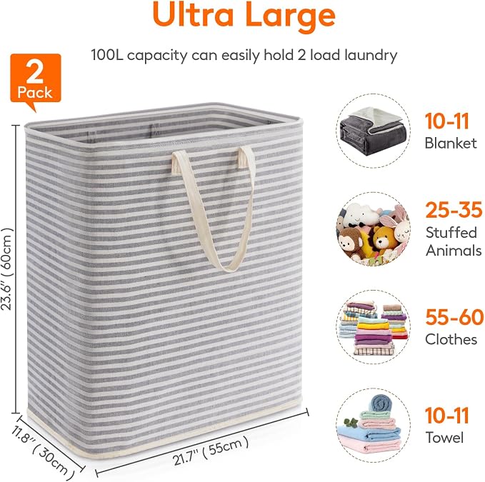 Lifewit 2 Pack Laundry Basket 100L Each, Collapsible Clothes Hamper - Image 4