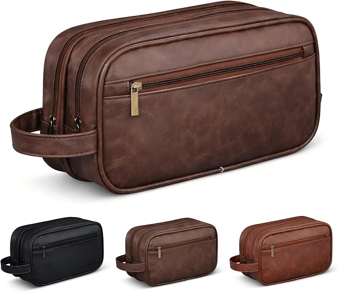 Men’s Toiletry Bag Travel Dopp Kit–double-deck PU Leather Water-Resistant by OIMEIJewelry