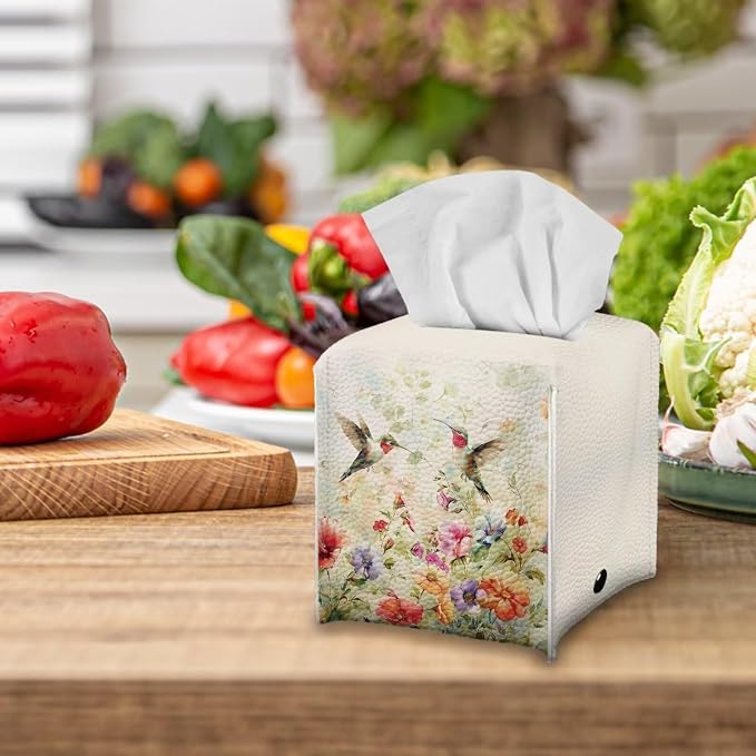 Bird Flowers Luxury Tissue Box Cover, Elegant PU Leather Square Tissue Case - Image 5