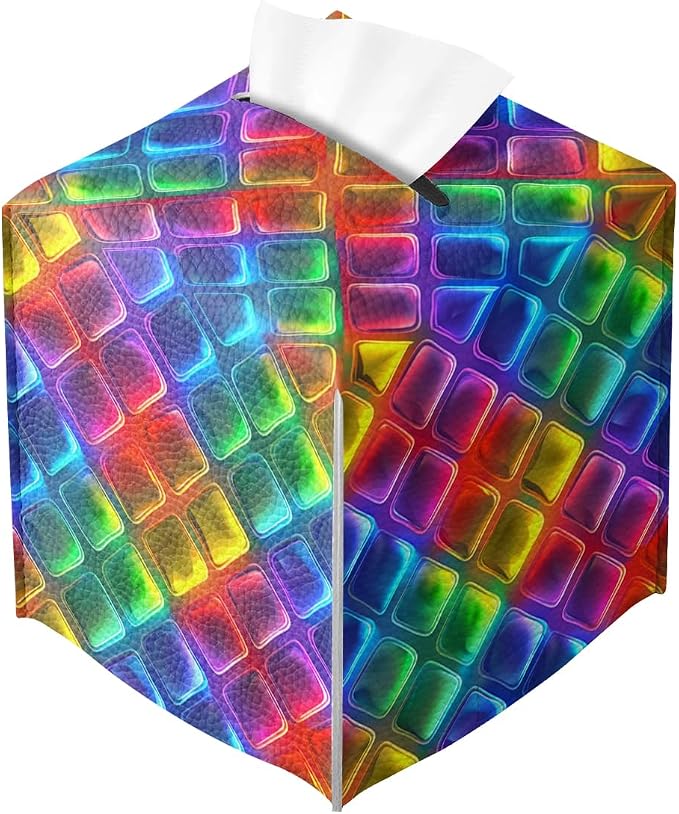 Rainbow Tissue Box Cover Neon Colorful Tiles Purple Blue Pink Square PU Leather by Unknown