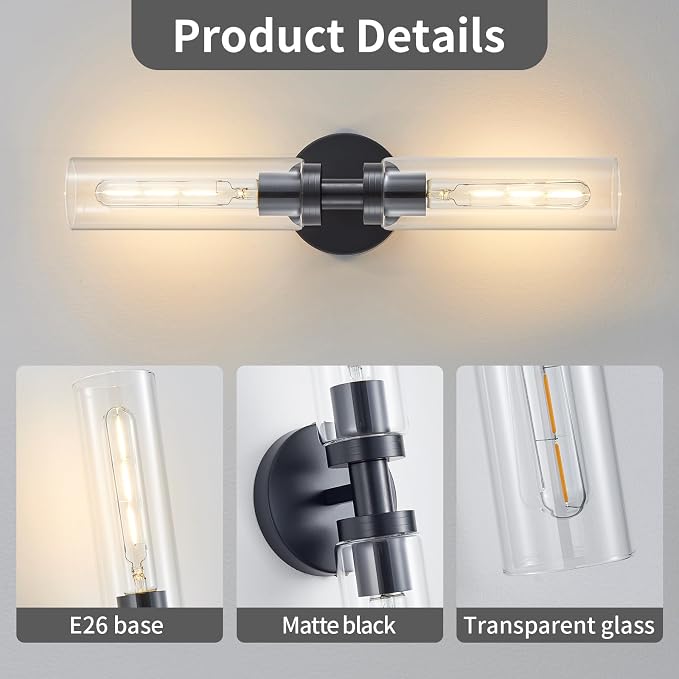 2-Light Black Bathroom Light Fixtures Over Mirror Modern Farmhouse Vanity Light - Image 5