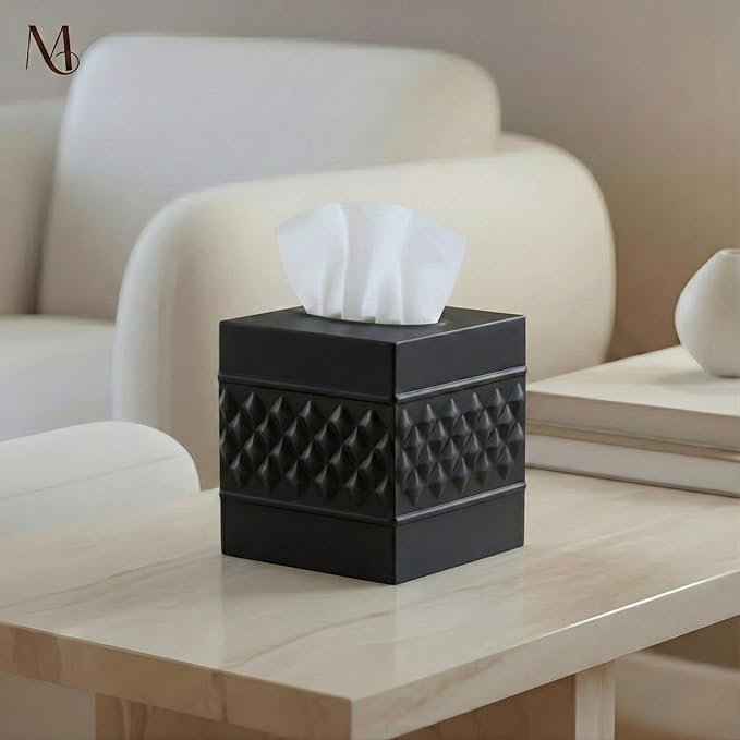 Monarch Abode Tissue Box Cover Square – Handcrafted Geo Embossed Black Metal - Image 4