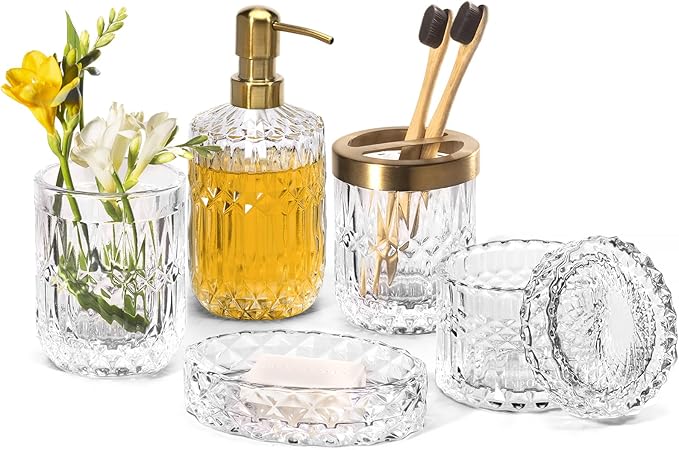 EMPO 6PCS Bathroom Clear Glass Accessories Set, Contemporary Modern Decor by EMPO