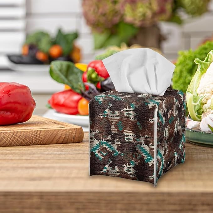 Aztec Cowhide Minimalist Tissue Box Holder, Square PU Leather Napkin Organizer - Image 5