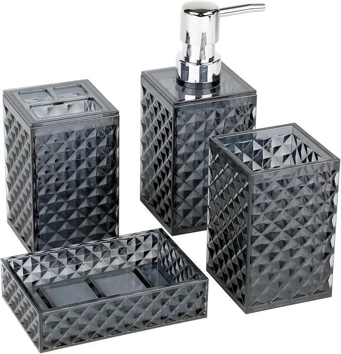 Bathroom Accessories Set, Diamond Pattern Soap Dispenser and Toothbrush Holder - Image 2