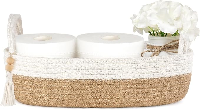 Mkono Small Storage Basket for Toilet Tank Top Boho Bathroom Decor Woven Rope by Mkono