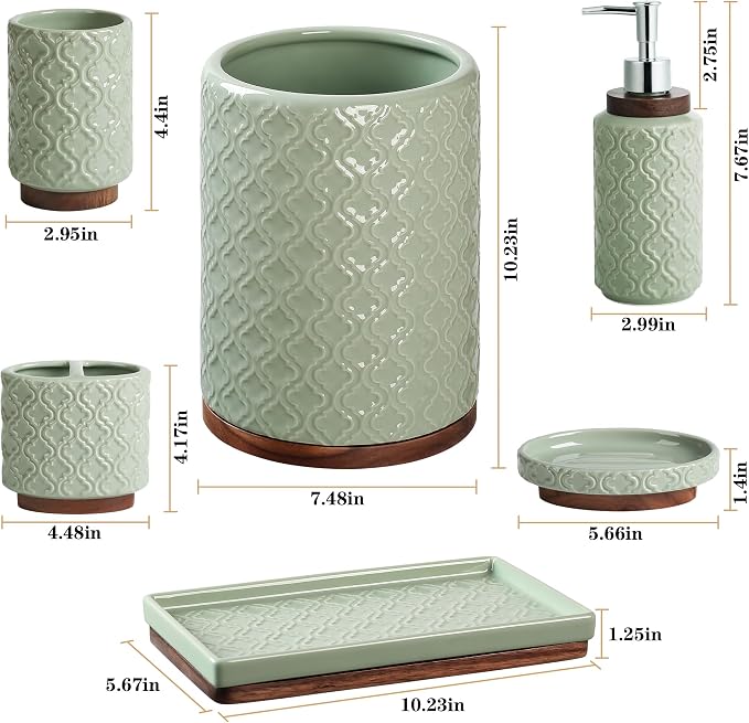 Elegant Bathroom Accessories Set 6 PCS Ceramic and Wood Bathroom Accessory Set - Image 2