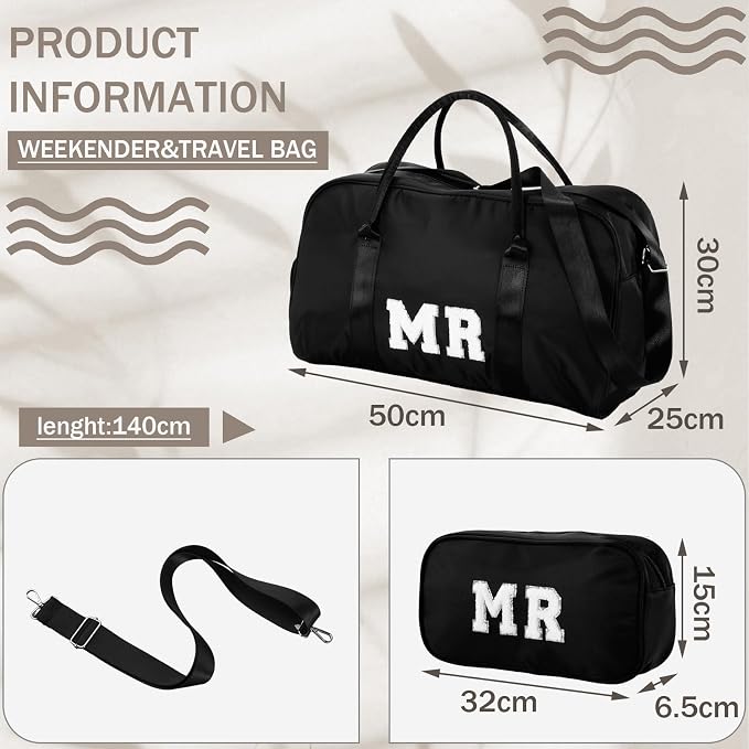 2 Pcs Wedding Weekender Bag Bride Groom Duffle Bag Chenille Letter Patch Travel - Image 3