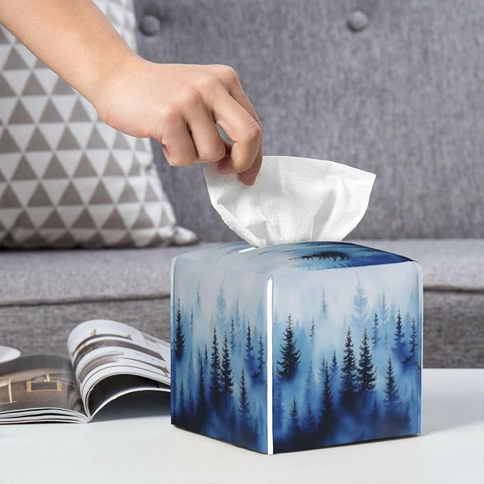 Blue Forest Tree Tissue Box Cover Square Leather Tissue Holder Decorative - Image 6