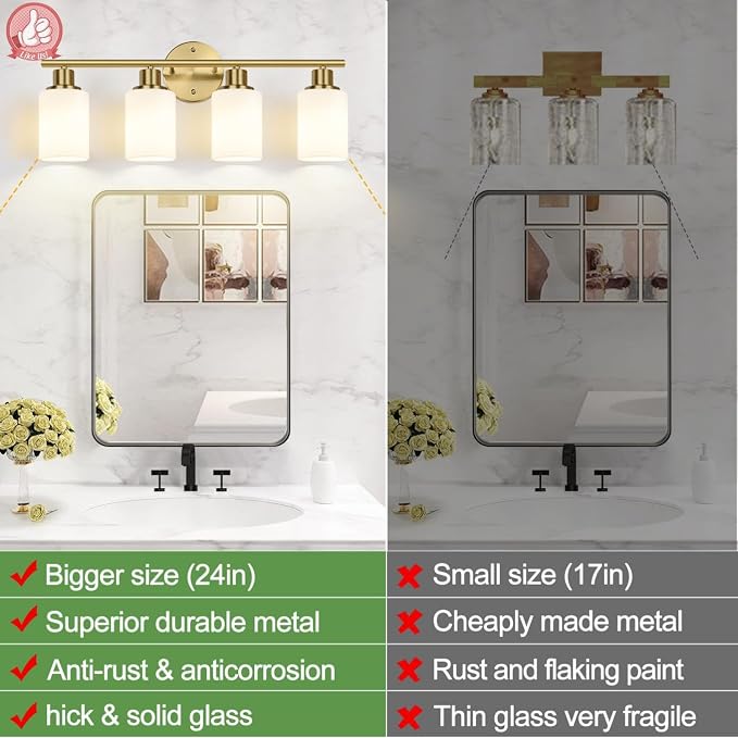 4-Light Bathroom Light Fixtures, Brushed Gold Modern Vanity Lights - Image 3
