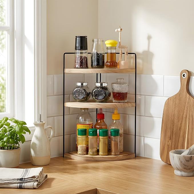 Corner Bathroom Counter Organizer Countertop Brown, 3-Tier Corner Shelf Wood - Image 3