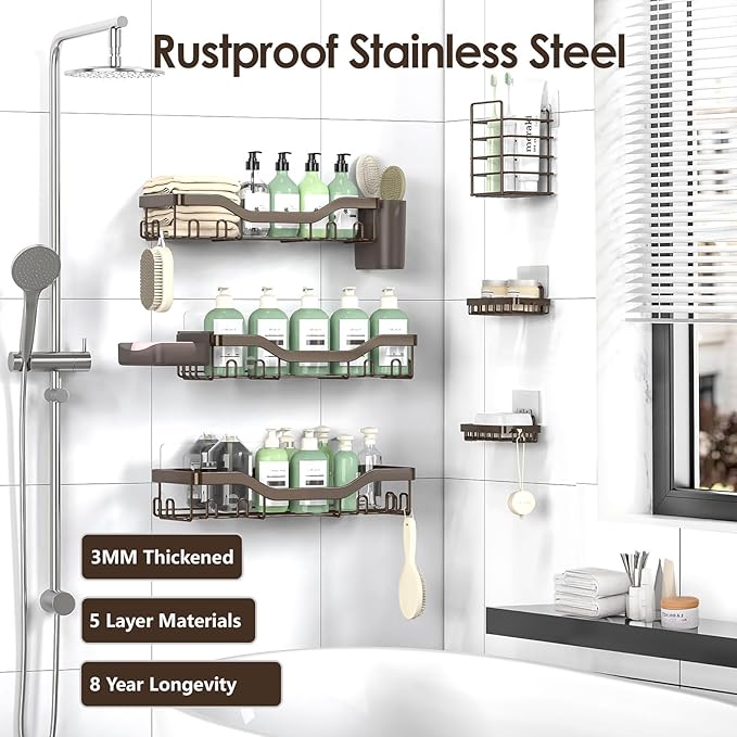 Shower Caddy Adhesive Shower Organizer 8-Pack, Rustproof Stainless Steel - Image 5