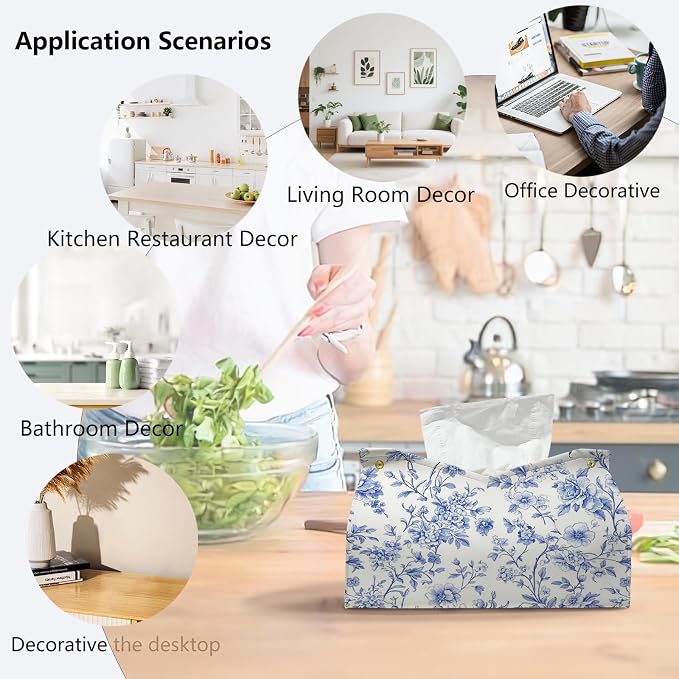 Light Blue Chinoiserie Tissue Box Cover Rectangle, PU Leather Decorative Facial - Image 4