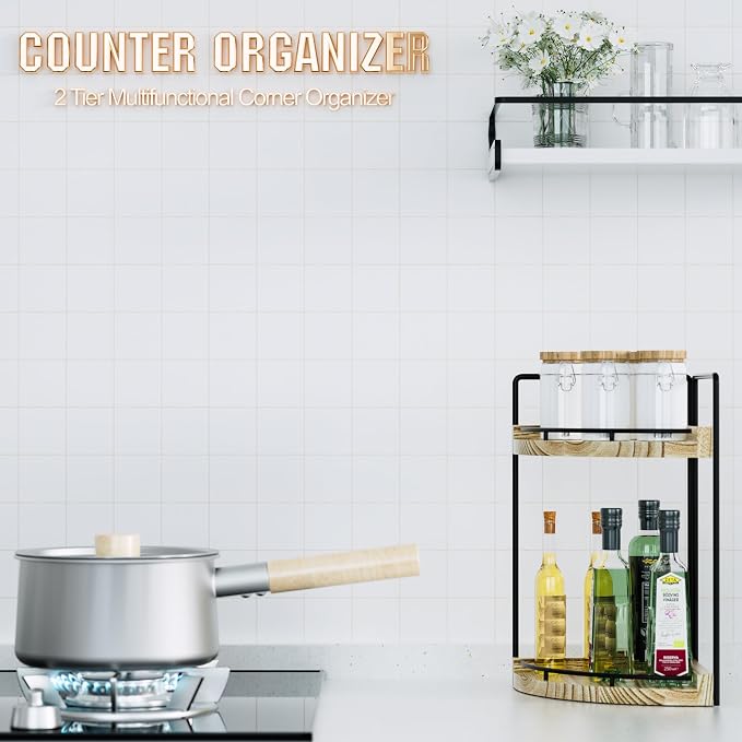 Corner Bathroom Counter Organizer, 2 Tier Wood Vanity Storage, Waterproof - Image 3