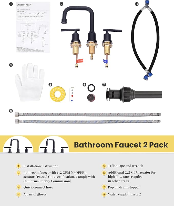 3 Hole Bathroom Faucet Black: WOWOW 8 Inch Bathroom Sink Faucet Widespread - Image 9