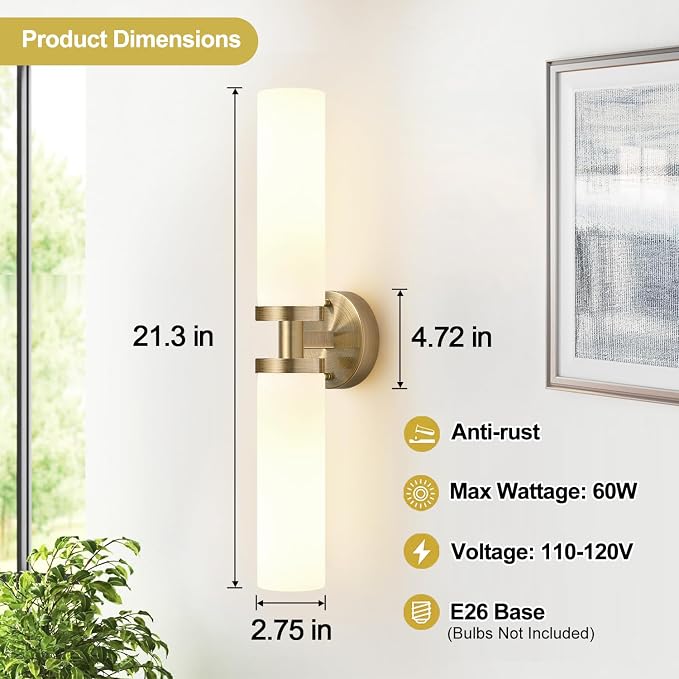 Wall Sconces Set of Two, Brass Bathroom Sconces Wall Lighting - Image 4